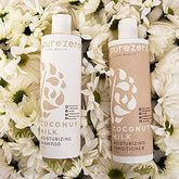 Purezero coconut milk conditioner bottle adds softness and frizz control.