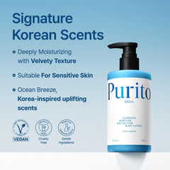 Texture close-up showing velvety, non-greasy finish of Purito lotion