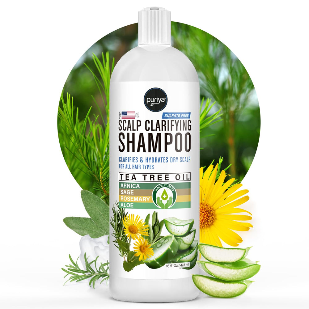 Puriya Tea Tree Clarifying Shampoo bottle front for gentle scalp cleansing.