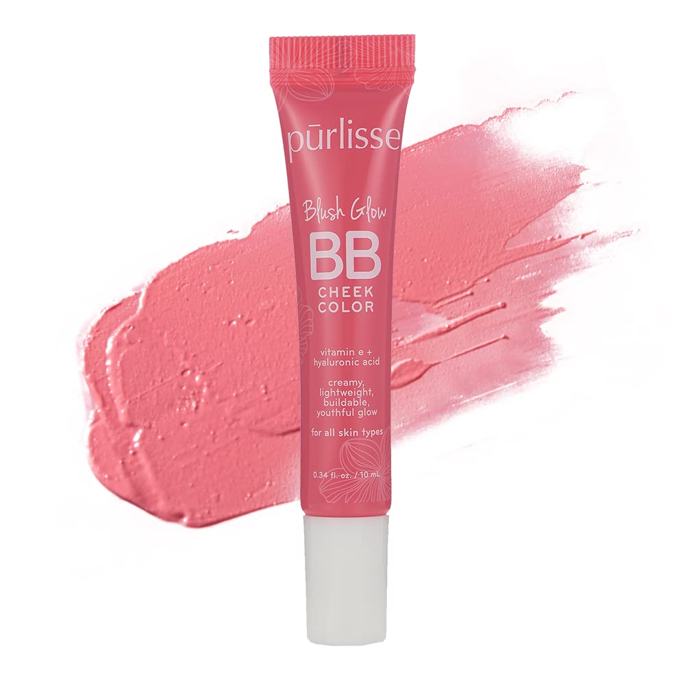 purlisse Blush Glow BB Cheek Color swatch on skin shows dewy finish for a natural glow.
