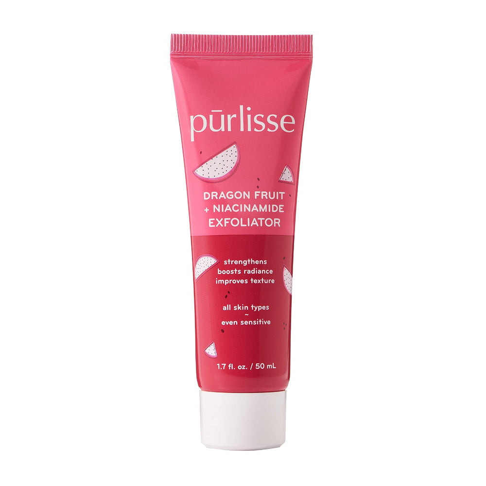 Pūrlisse Dragonfruit Niacinamide scrub bottle promotes gentle exfoliation for radiant skin.