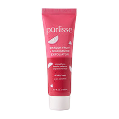 Pūrlisse Dragonfruit Niacinamide scrub bottle promotes gentle exfoliation for radiant skin.