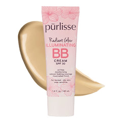 pūrlisse Radiant Glow BB Cream bottle with SPF 30 for a dewy complexion.