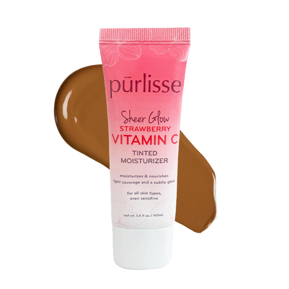 pürlisse Sheer Glow Strawberry Vitamin C tinted moisturizer bottle delivers a dewy finish and brightens skin.