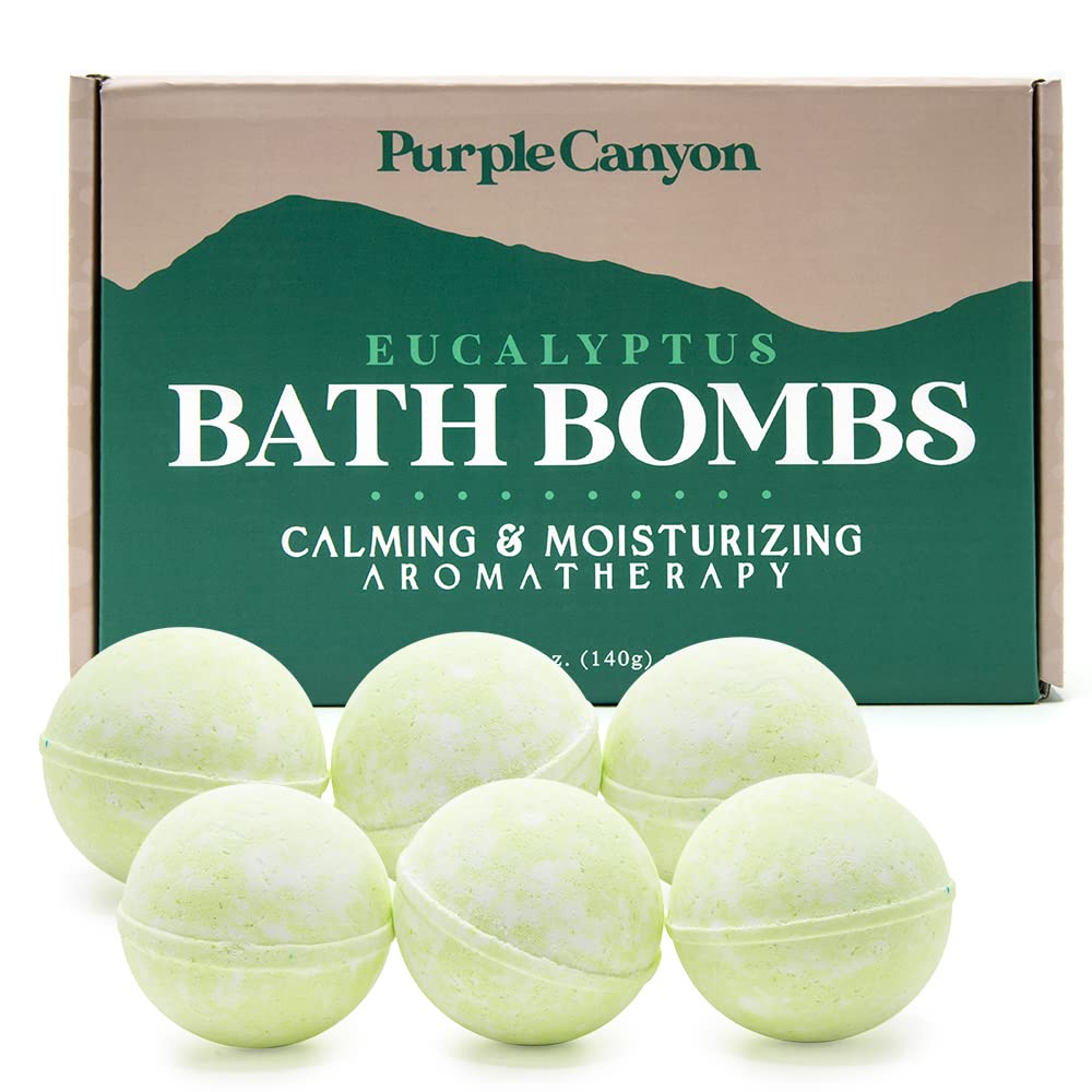 Purple Canyon eucalyptus bath bombs in boutique packaging for a refined home spa