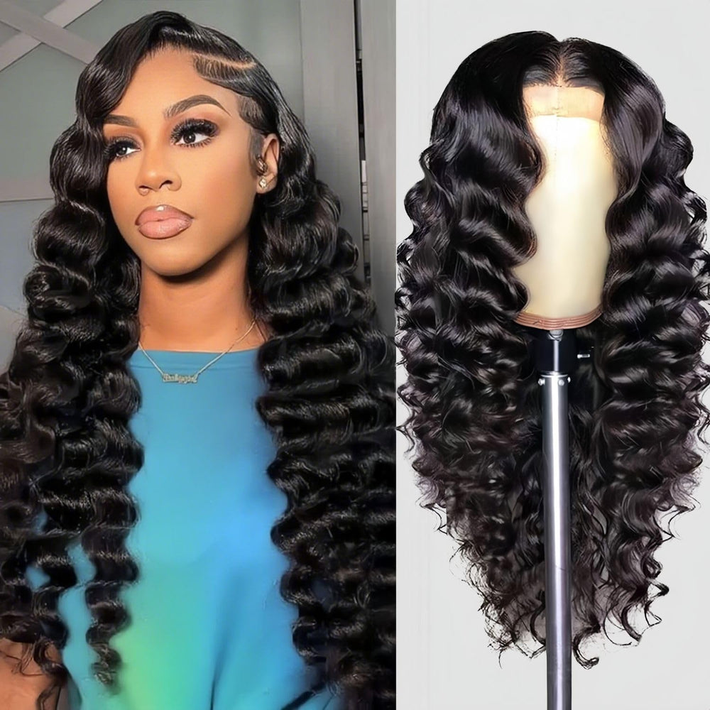 PYY Deep Wave lace front wig front view shows natural parting and blend.