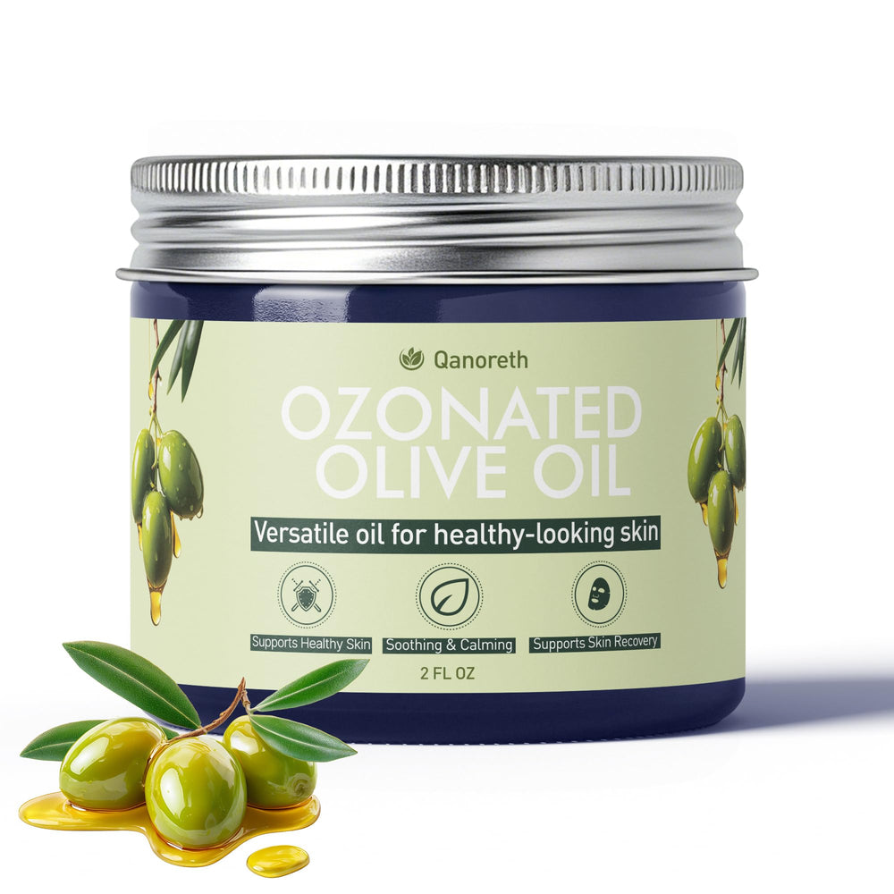 Qanoreth ozonated olive oil bottle for face and body hydration and comfort.