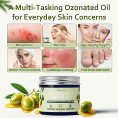 Qanoreth ozonated olive oil closeup reveals a creamy texture ready for quick absorption.