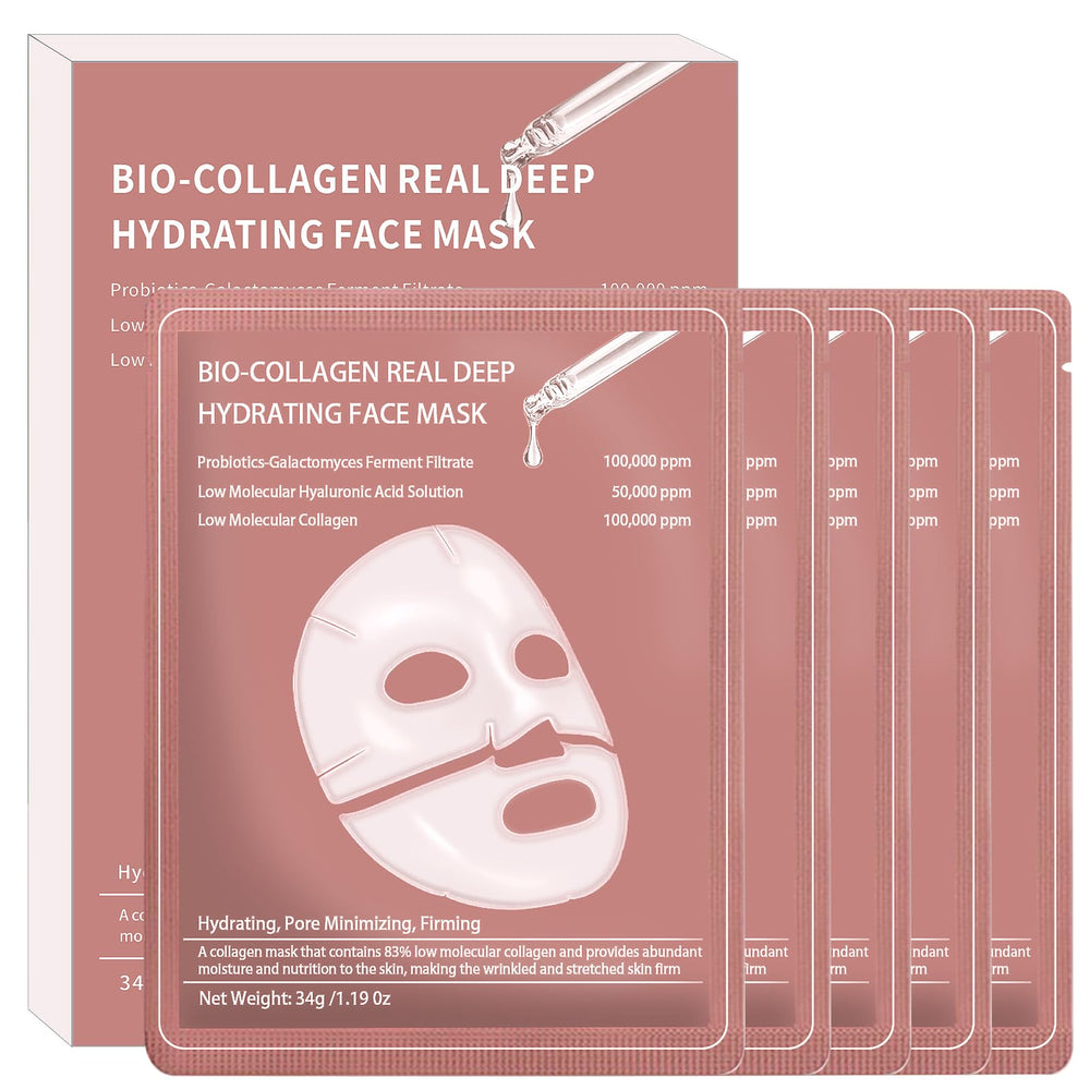 Qawnfy bio-collagen face mask pack front shows 5-pack display for hydration.