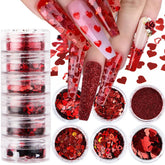 Qdsuh Valentine nail art six-box set with heart glitters for dazzling nail designs.