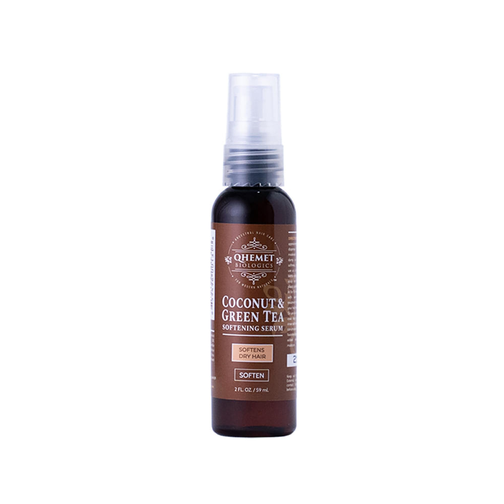 Qhemet Biologics Coconut & Green Tea Serum bottle offering lightweight hydration for dry hair.