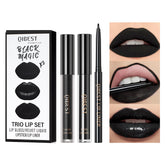 QiBest 3-in-1 black lipstick set offers cohesive color across finishes.