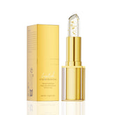 QIC transferproof lipstick with gold-foil packaging swatch showing bold color shift.