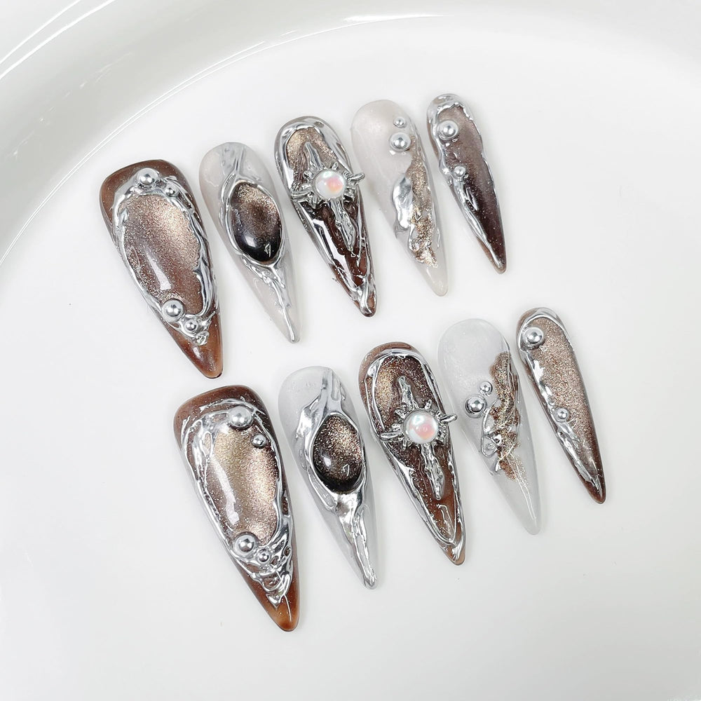 Qicaijia brown cats-eye almond nails in full-cover style for elegant wear