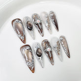 Qicaijia brown cats-eye almond nails in full-cover style for elegant wear