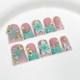 Qicaijia duck nails with blue French tip and glossy finish for chic events