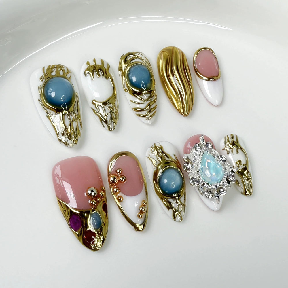 Qicaijia handmade almond nails with white French tip for salon-worthy DIY manicures