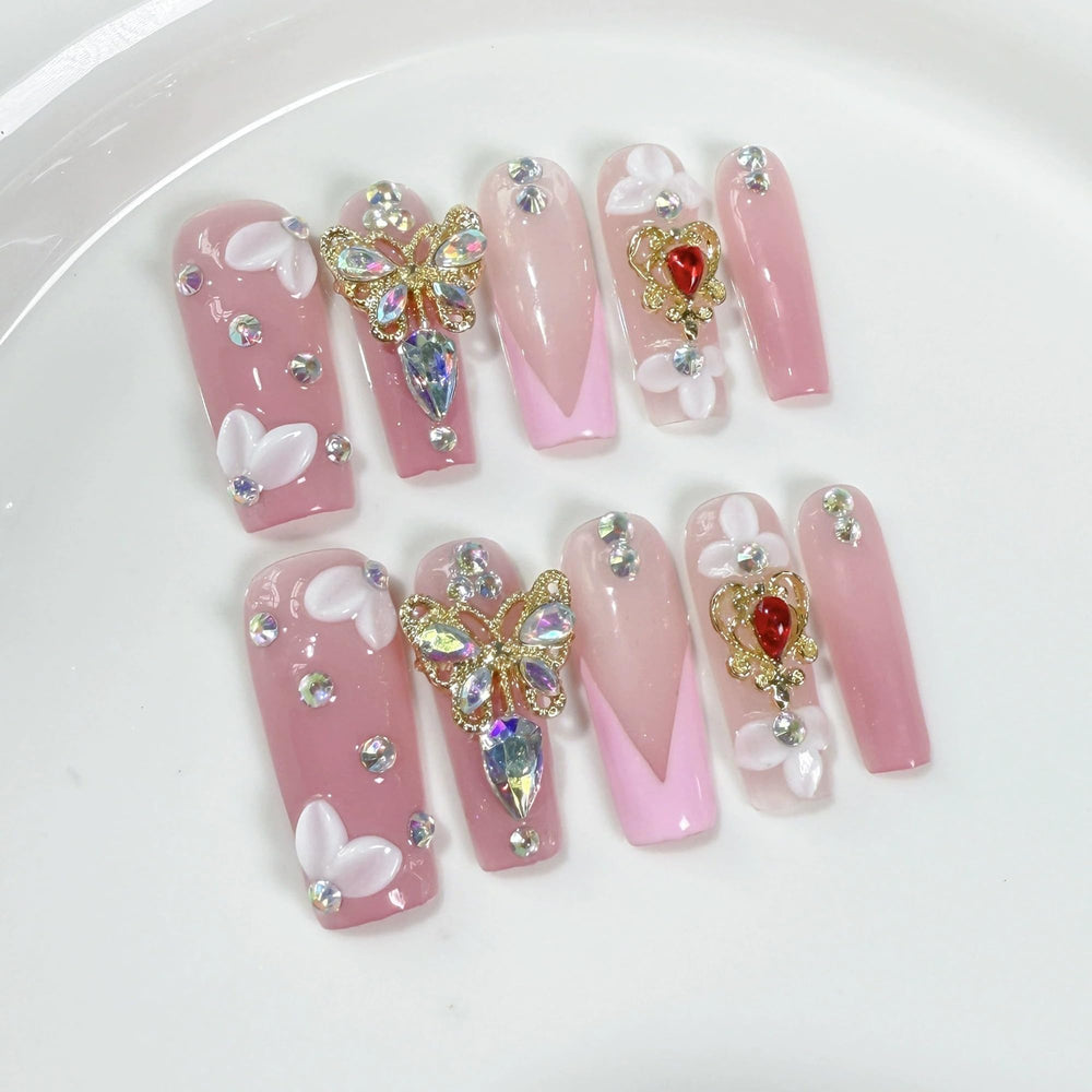 Qicaijia long handmade press-on nails with square flower butterfly design for instant elegance