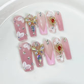 Qicaijia long handmade press-on nails with square flower butterfly design for instant elegance