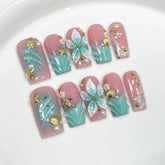 Qicaijia luxury handmade press on nails with blue French ombre and 3D flowers for quick glam