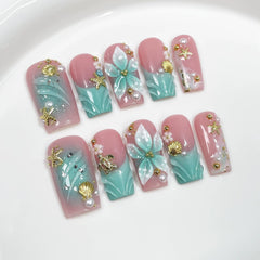 Qicaijia luxury handmade press on nails with blue French ombre and 3D flowers for quick glam