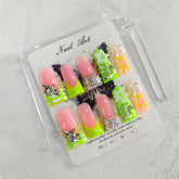 Qicaijia luxury press-on nails in long duck design with a glossy green finish, ideal for at-home manicures