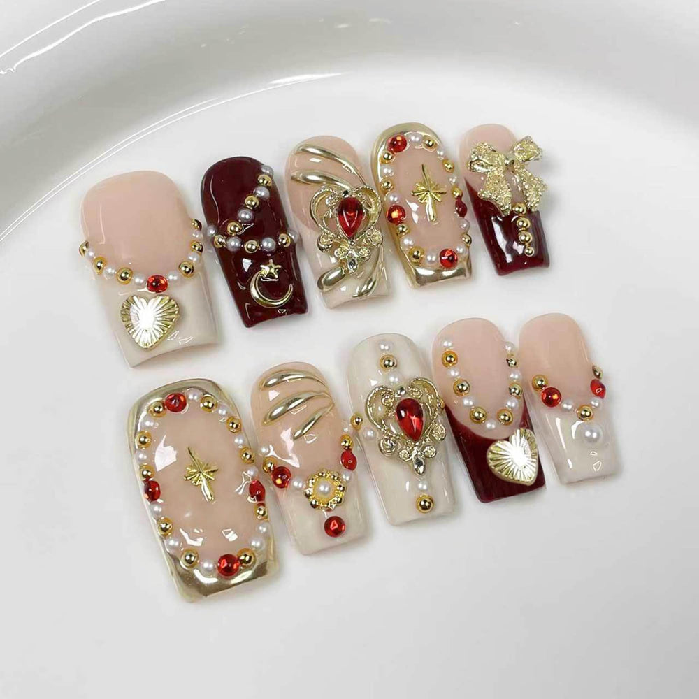Qicaijia luxury square nails with gold charms for glamorous evenings