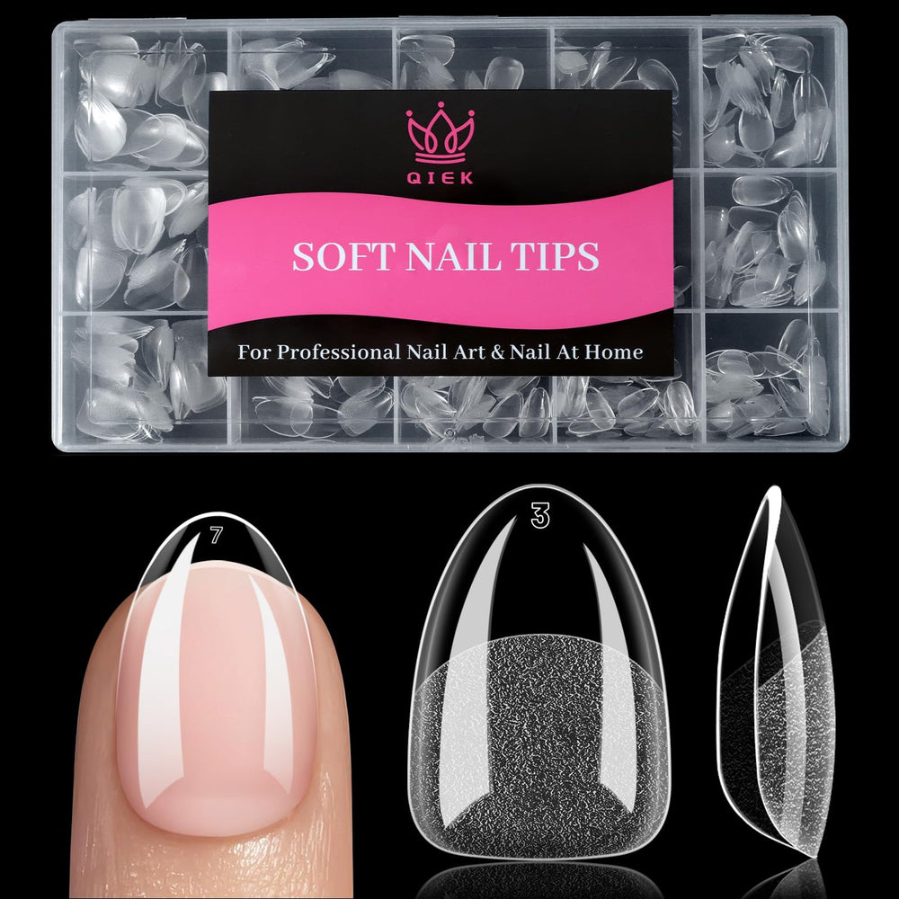 QIEK Extra Short Almond Nail Tips, 240-pcs, precision fit for natural nails for home DIY.
