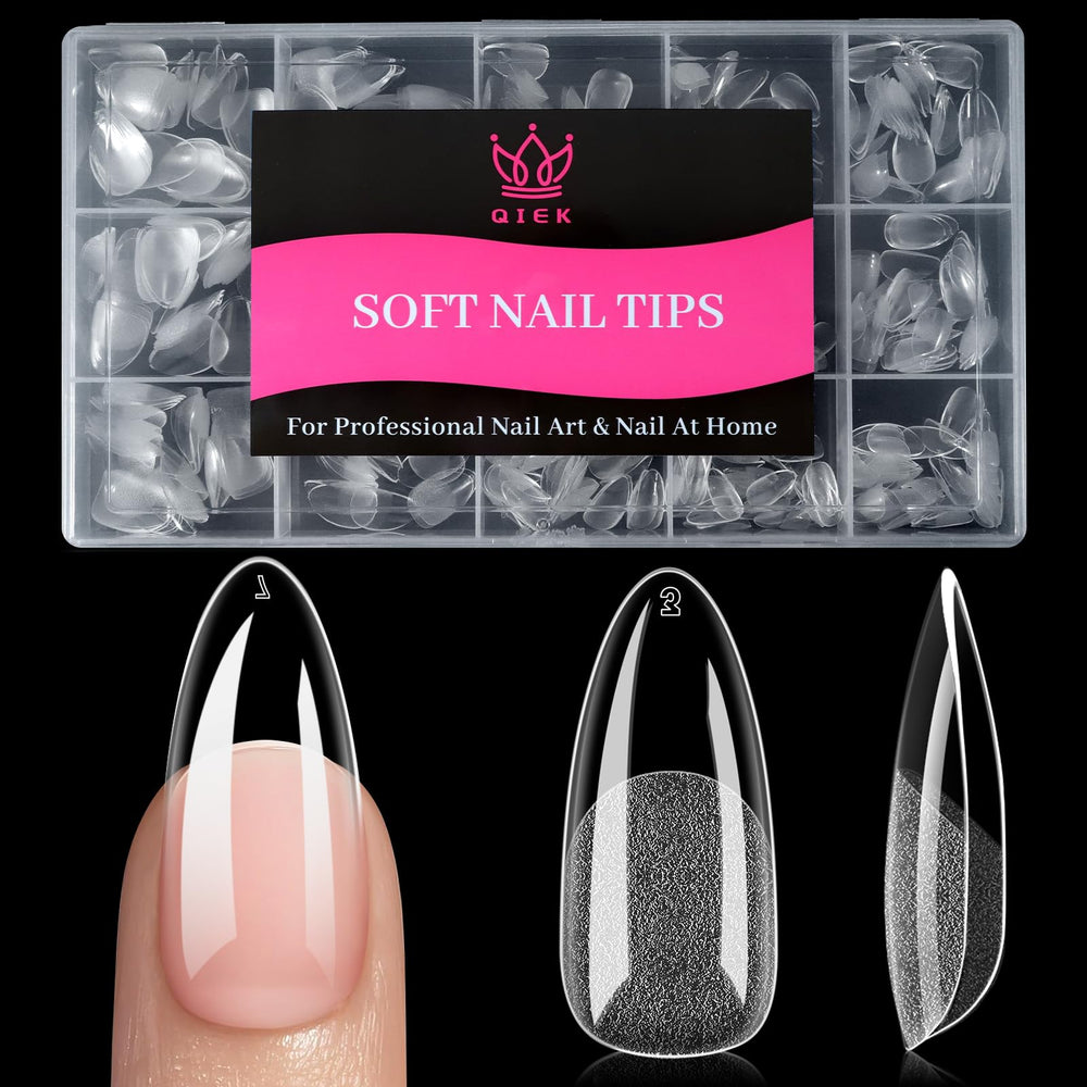 QIEK medium almond nail tips 240pcs in 15 sizes for precise at-home manicures.