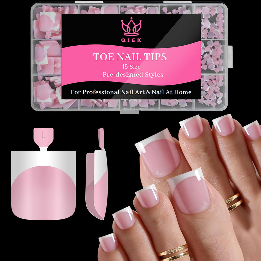 QIEK press-on toe nails in baby pink square tips for chic summer pedicures.