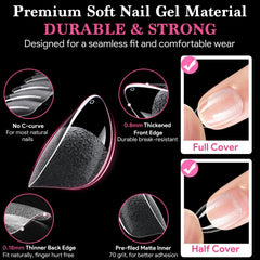 QIEK almond tips with thin edge for seamless blending with natural nails.
