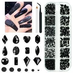 qiipii 2052pcs black rhinestones kit with 72 shapes for DIY nails and crafts