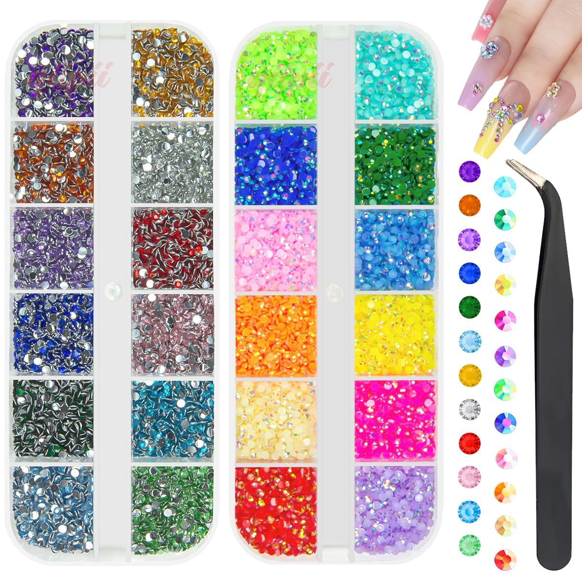 qiipii 24-color jelly resin rhinestones in rainbow collection for nails and crafts