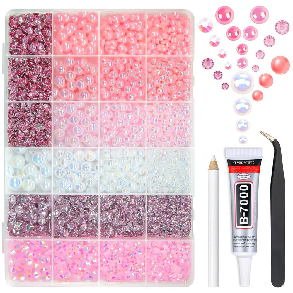 qiipii pink series flatback pearls and rhinestones neatly arranged for easy crafting.