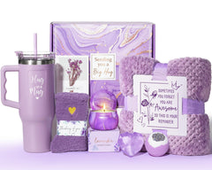 Qinline birthday gift basket for women showcasing spa-style relaxation items.