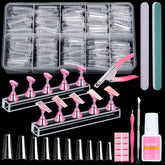 Qinzave 600pcs clear coffin nail tips kit for at-home extensions and nail art practice.