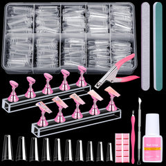 Qinzave 600pcs clear coffin nail tips kit for at-home extensions and nail art practice.