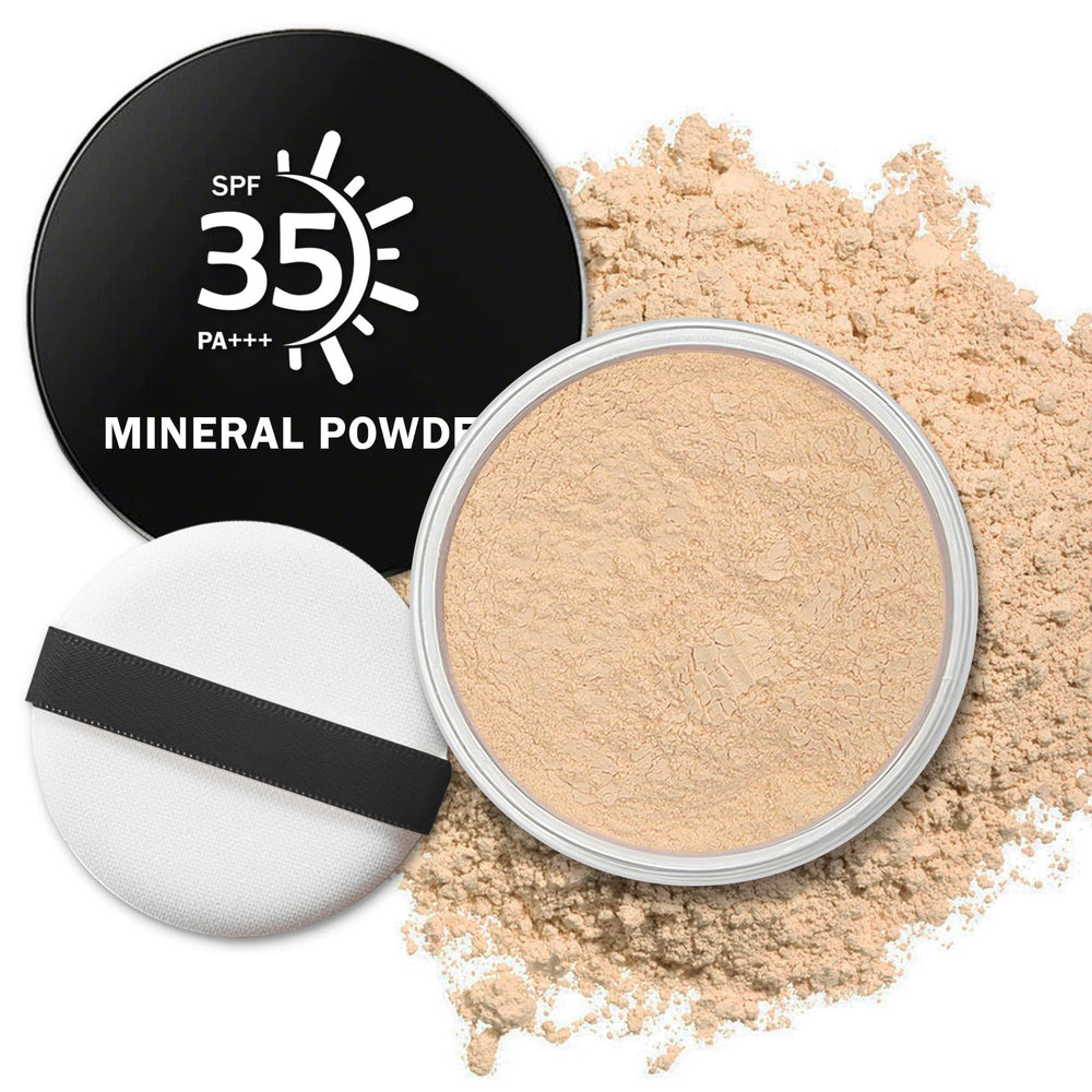QIUFSSE Mineral Foundation Powder SPF 35 compact for portable coverage and sun protection.