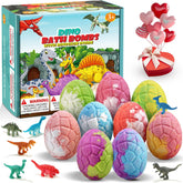 Qivatex dinosaur bath bombs with hidden toy inside and colorful bubbles.