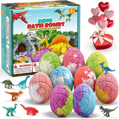 Qivatex dinosaur bath bombs with hidden toy inside and colorful bubbles.