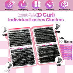 Qiveaory 720pcs lash clusters neatly arranged for easy DIY application.