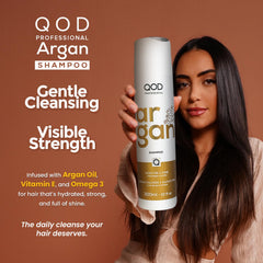 QoD PRO Argan Shampoo lather demonstrates gentle cleansing for frizz-prone hair