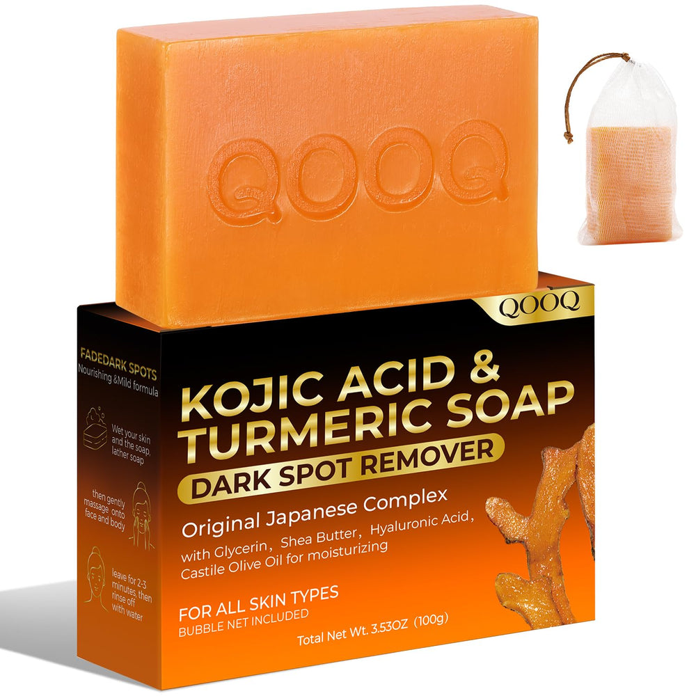 QOOQ turmeric kojic acid soap bar promotes an even skin tone during daily cleansing.