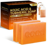 QOOQ turmeric kojic soap packaging shows two bars for daily cleansing and even-toned skin potential.