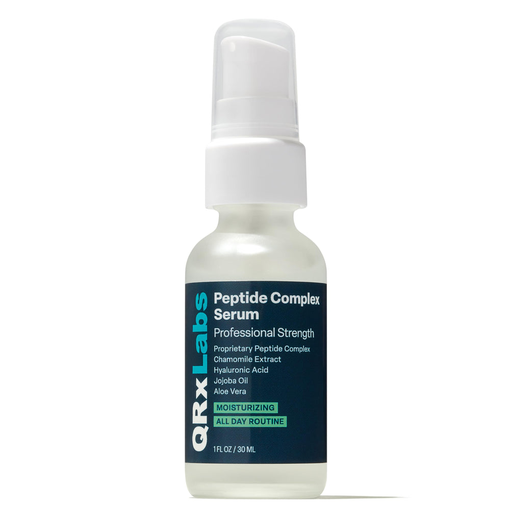 QRxLabs Peptide Complex Serum bottle front with unscented gel for daily hydration.