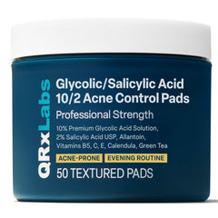 QRxLabs salicylic-glycolic pads jar closeup for daily exfoliation on acne-prone skin.