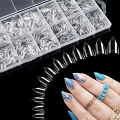 Quaferen clear short stiletto nail tips box contents for easy selection in nail art
