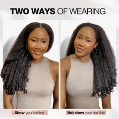 Quantum Love Yaki Curly V Part Wig shows natural hairline and secure cap design.