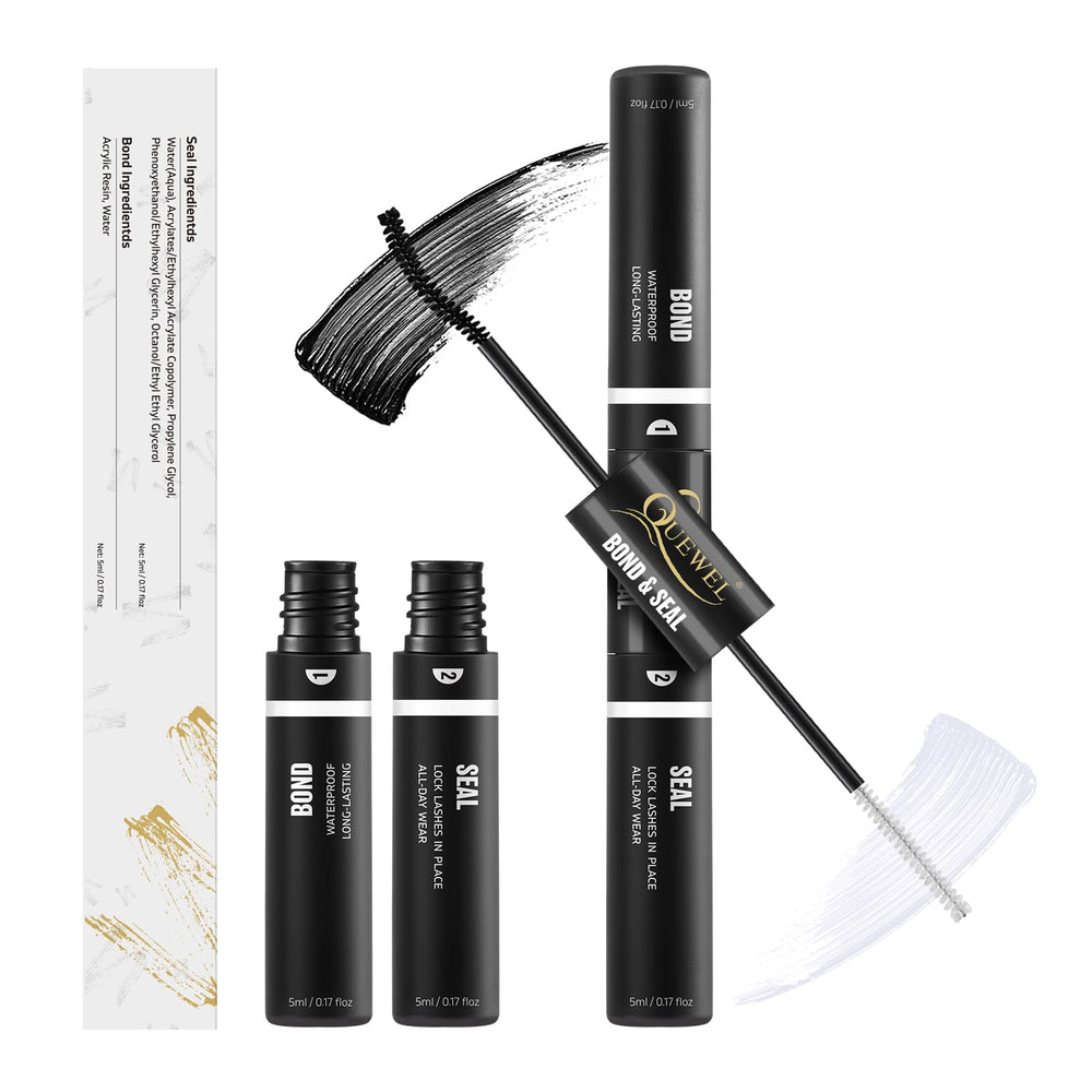 QUEWEL lash clusters bond and seal tube front, 2-in-1 efficiency for DIY lash extensions.