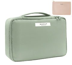 Queboom travel makeup bag front view with ample space for cosmetics.